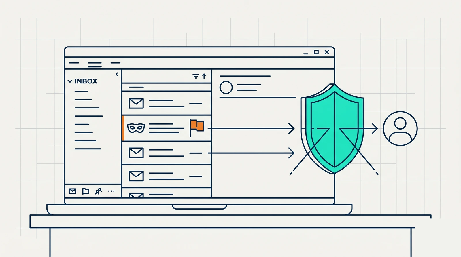 Line-art header: a suspicious impersonation email being intercepted by a security filter