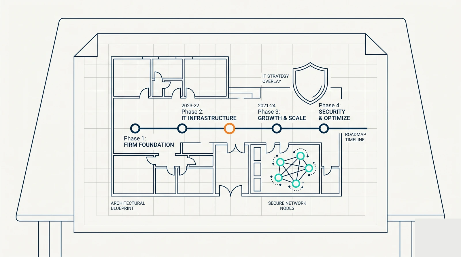 Line-art header: an architectural blueprint with an IT strategy roadmap and secure network overlay