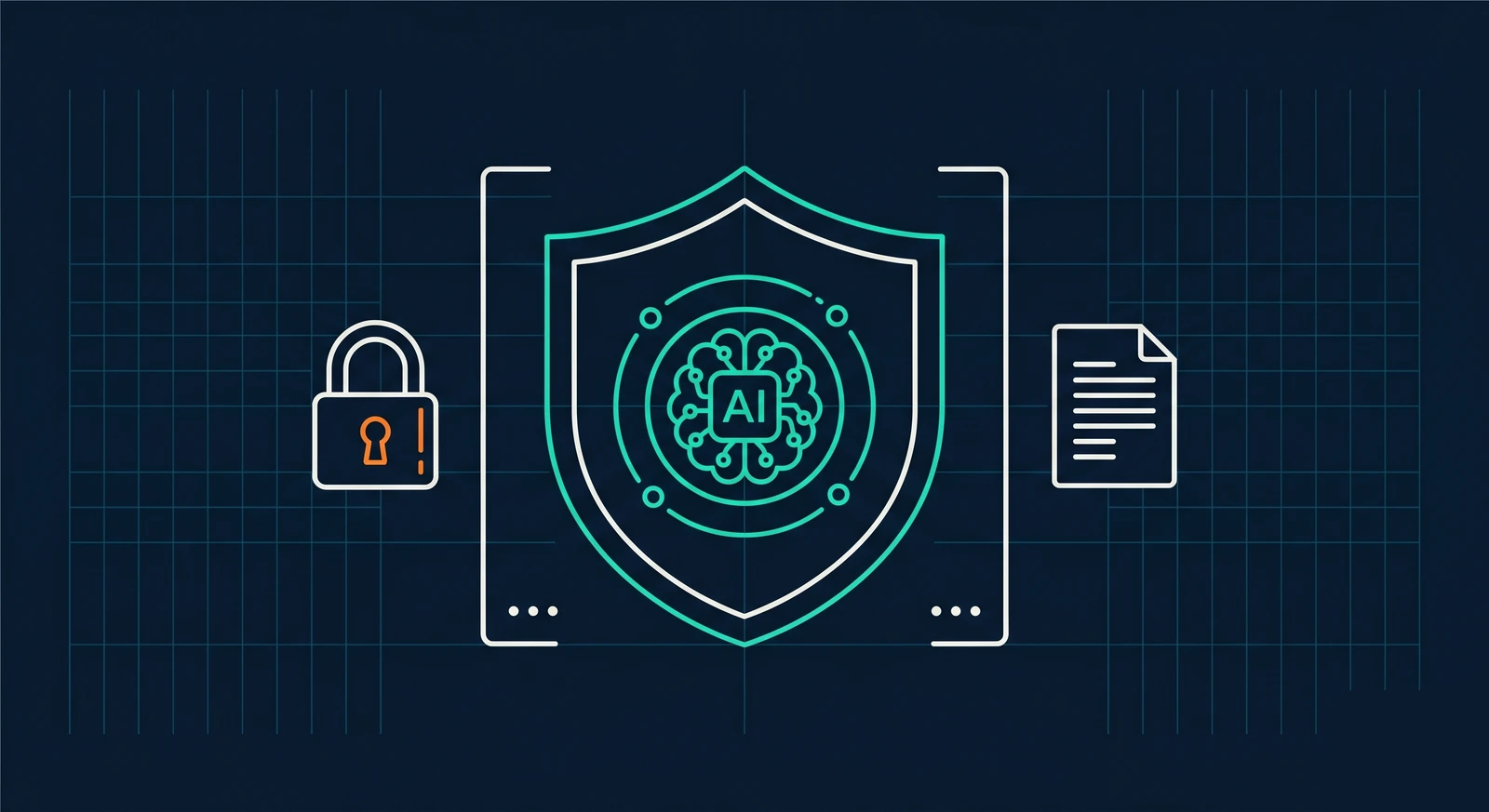 Line-art illustration of an AI shield with guardrails, a lock, and a policy document