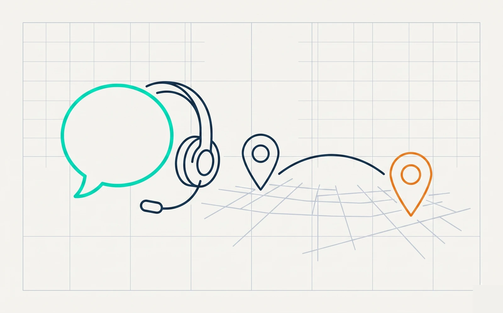 Line-art illustration of a chat bubble, headset, and two office location pins for Vancouver and Chicago