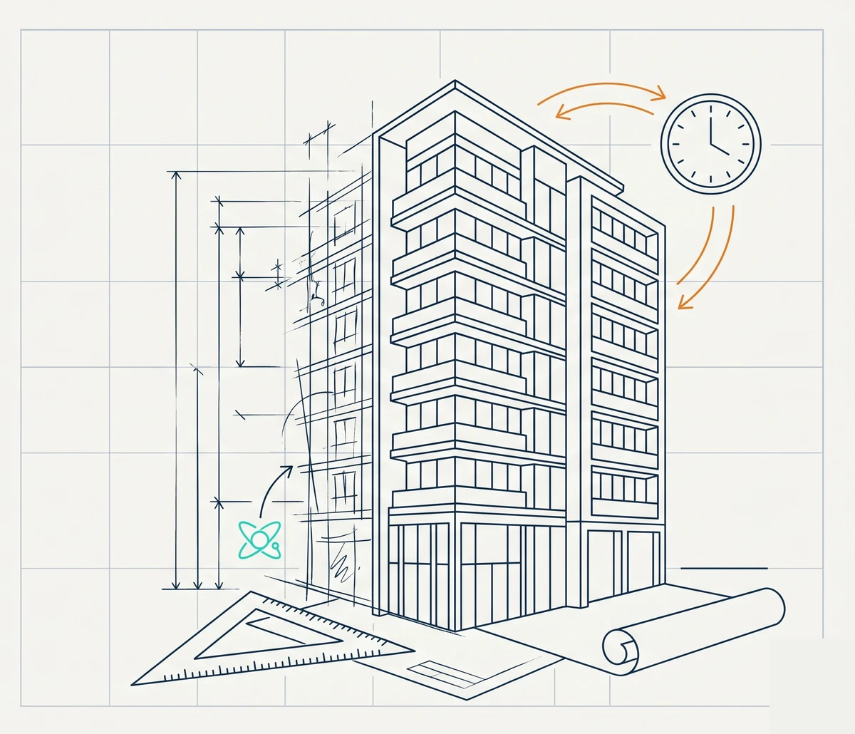 Line-art illustration of a building resolving from blueprint dimension lines into a finished elevation, with a clock returning hours