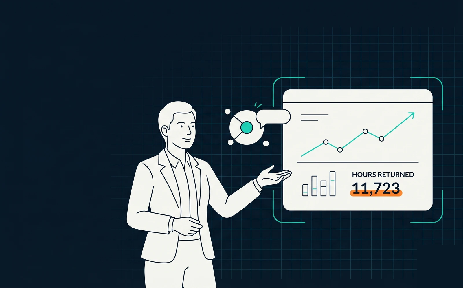 Line-art illustration of a professional presenting an AI dashboard showing hours returned