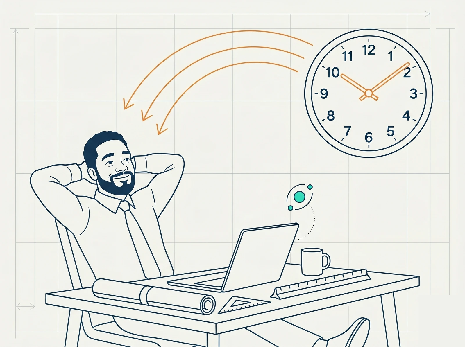 Line-art illustration of a professional with hours returned to them by a clock turning back