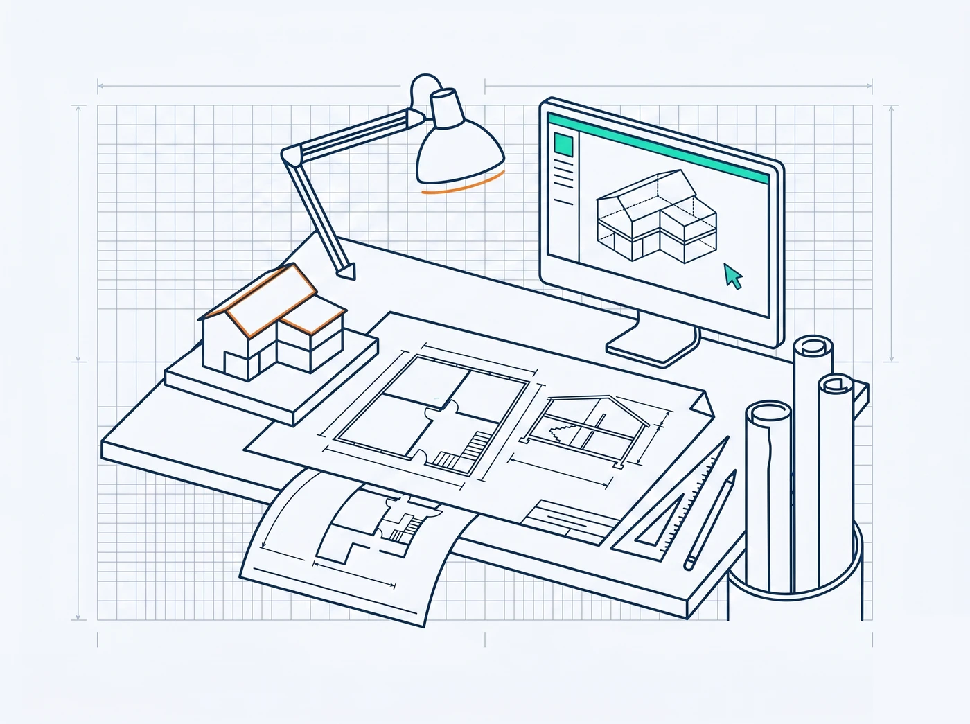 Line-art illustration of an architecture studio desk with plans, a scale model, and a BIM model on screen