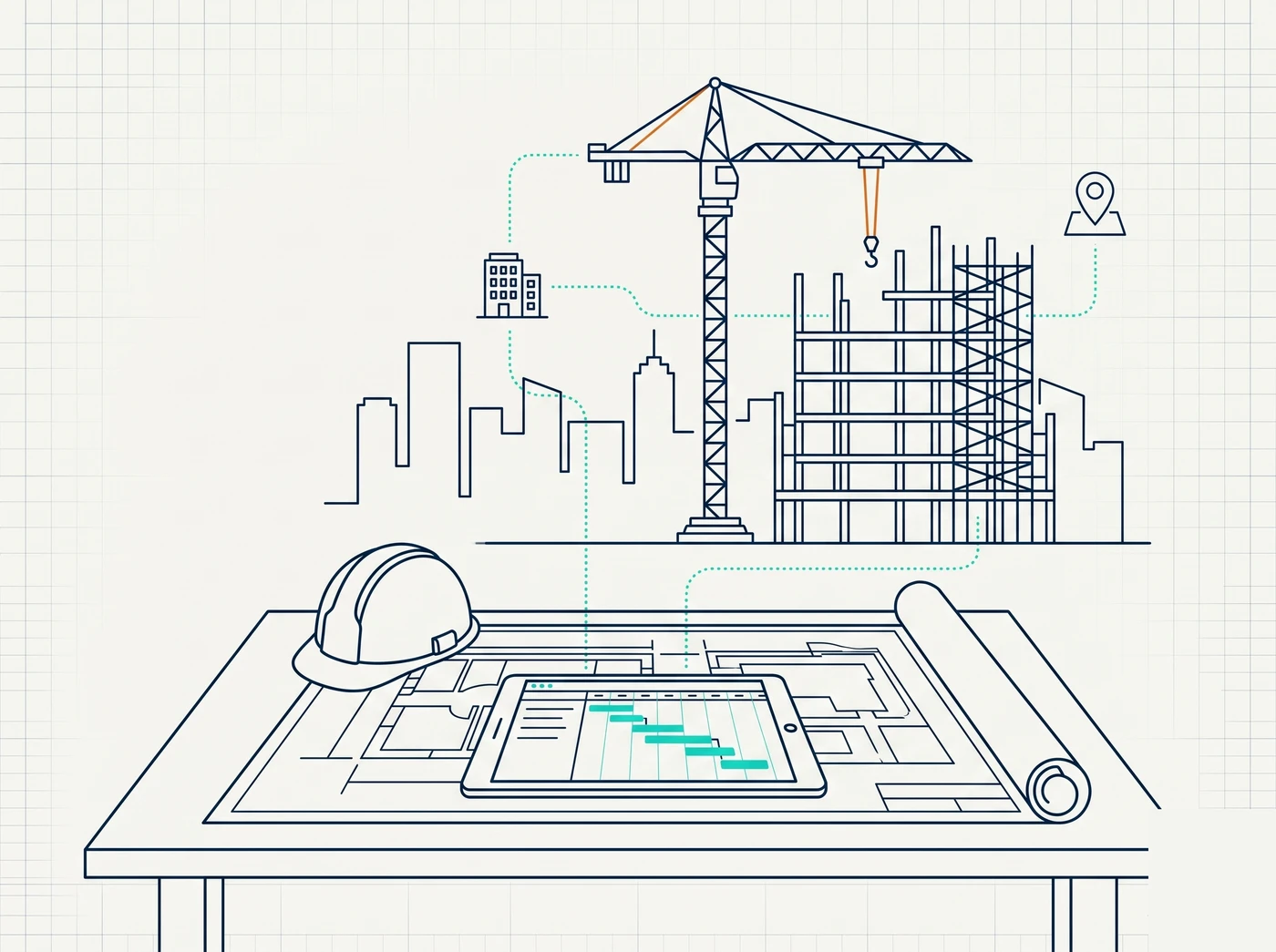 Line-art illustration of construction coordination across office and site with a crane and project schedule