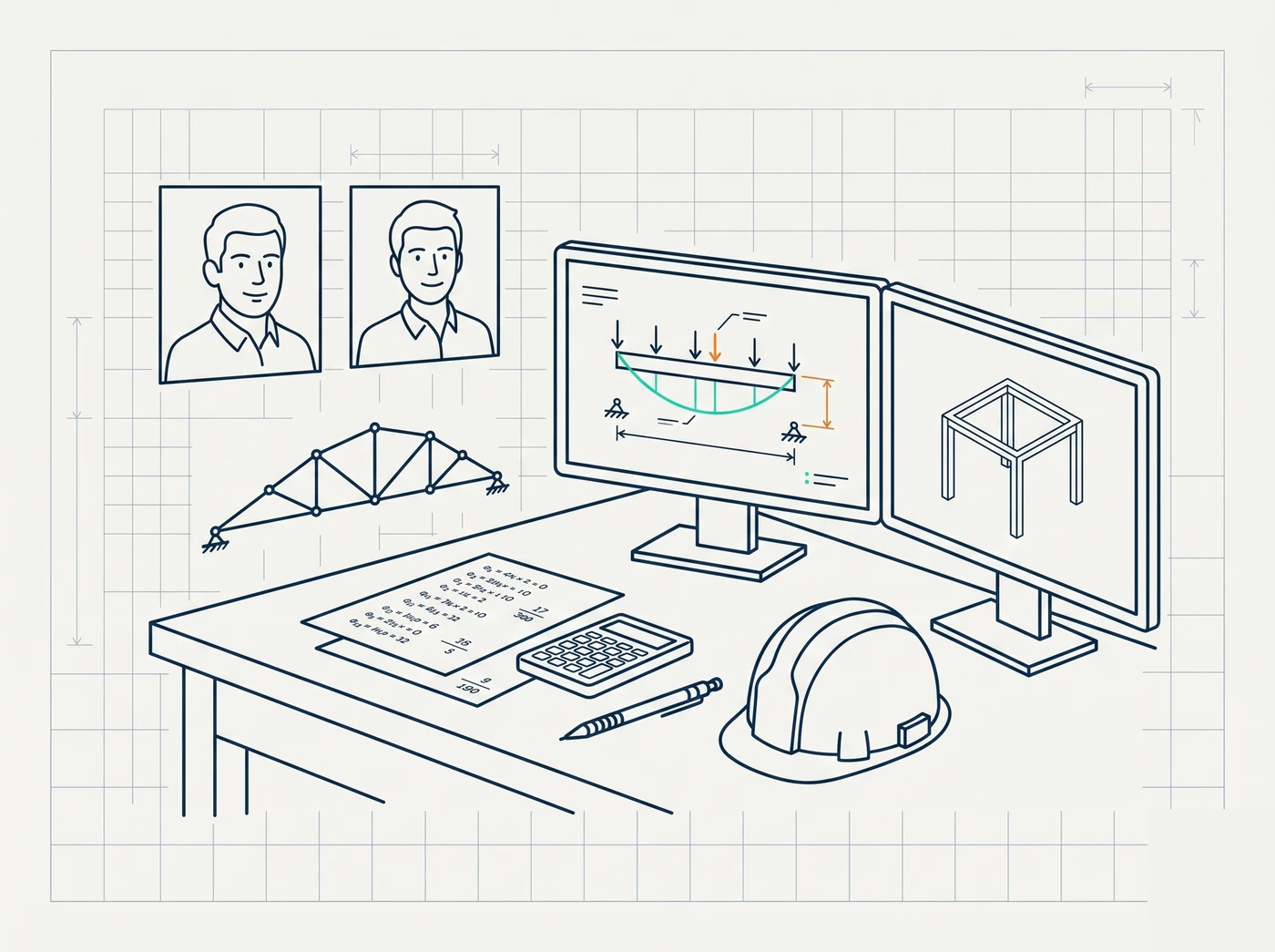 Line-art illustration of an engineering workspace with calculations, a truss diagram, and stress-analysis models