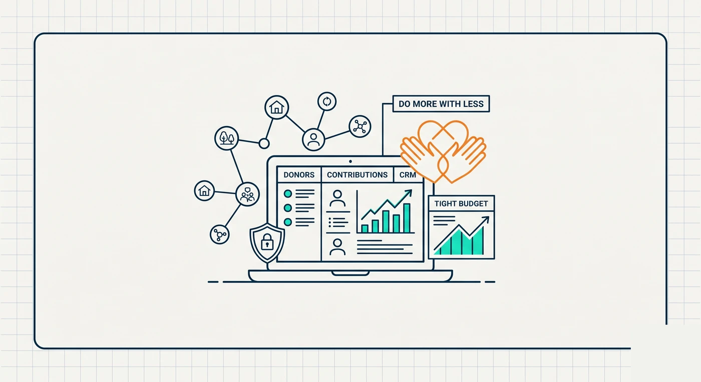 Line-art illustration of a non-profit donor dashboard with mission and tight-budget motifs
