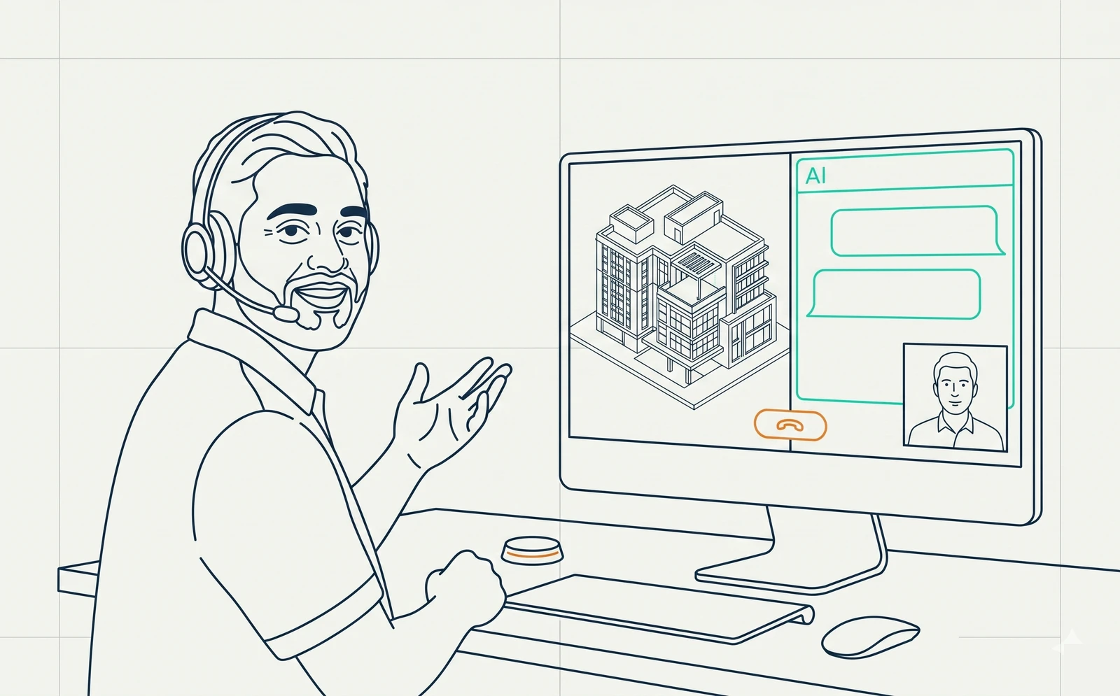 Line-art illustration of a Resolved team member on a video call assisting an architect, with a BIM model and AI chat on screen