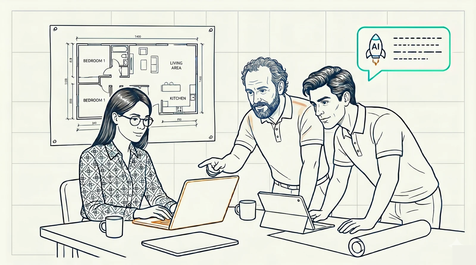 Line-art illustration of the Resolved team collaborating with an AI assistant