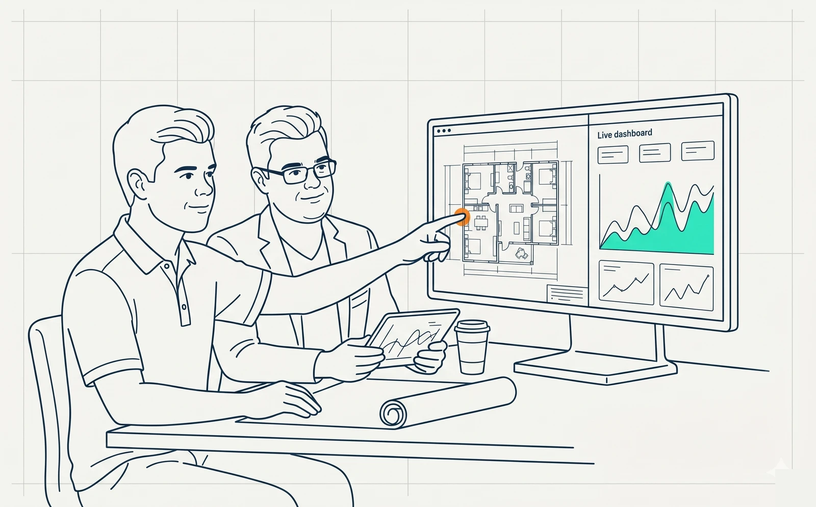 Line-art illustration of two colleagues reviewing an architectural plan and a live dashboard