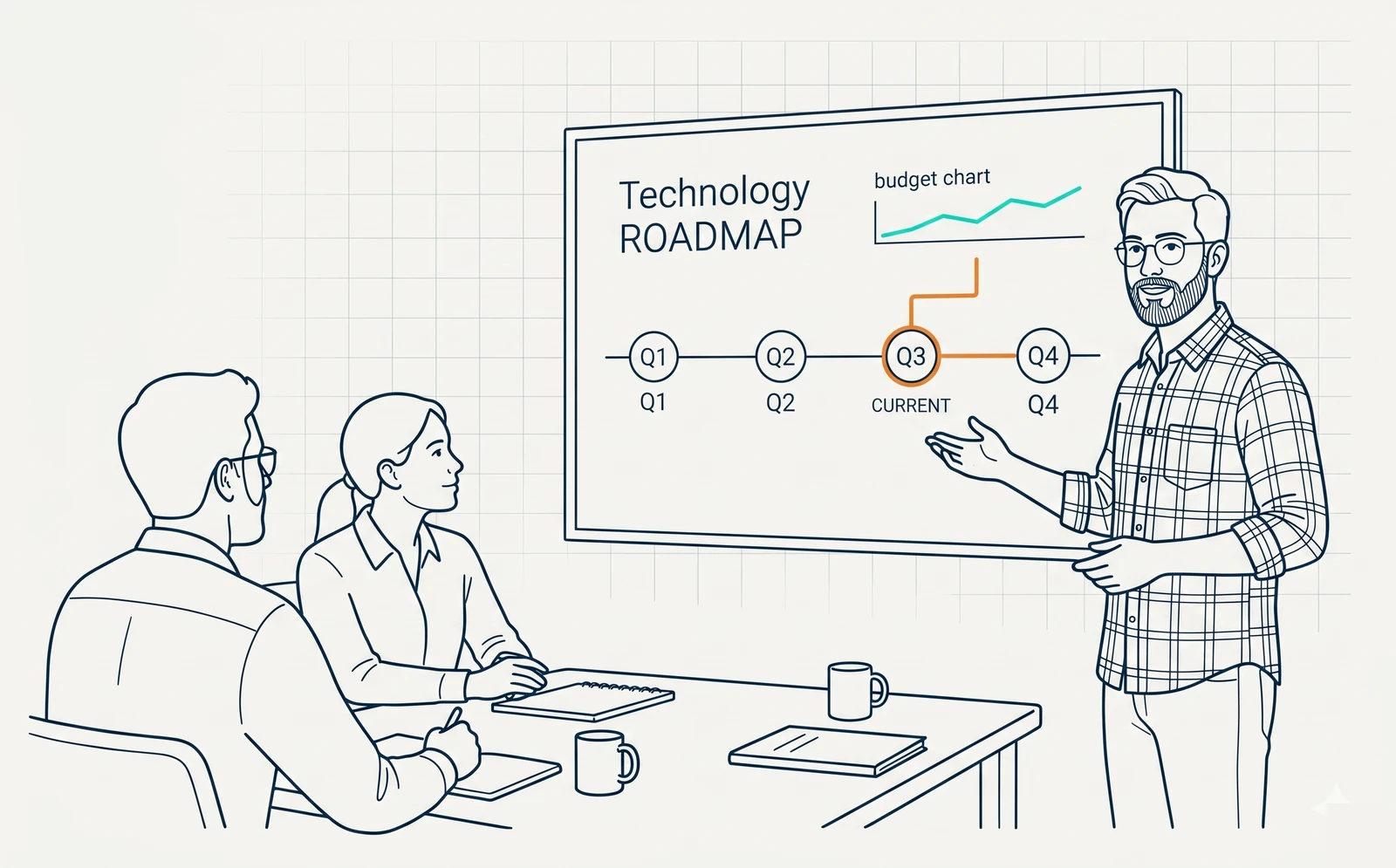 Line-art illustration of a Fractional CIO presenting a technology roadmap and budget to firm principals