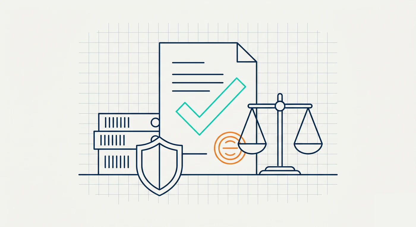 Line-art illustration of compliance documents, policies, a shield, and audit-ready controls