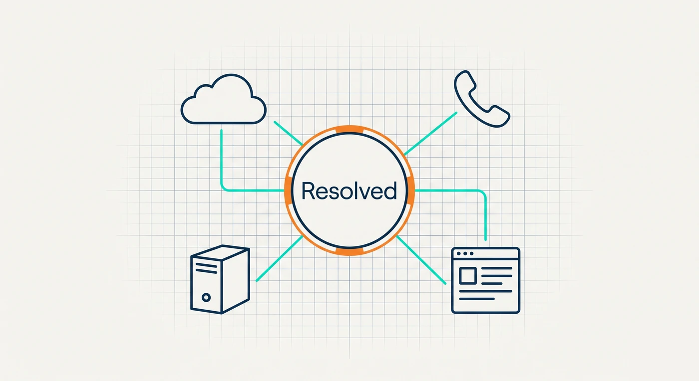 Line-art illustration of Resolved as a single hub coordinating multiple technology vendors