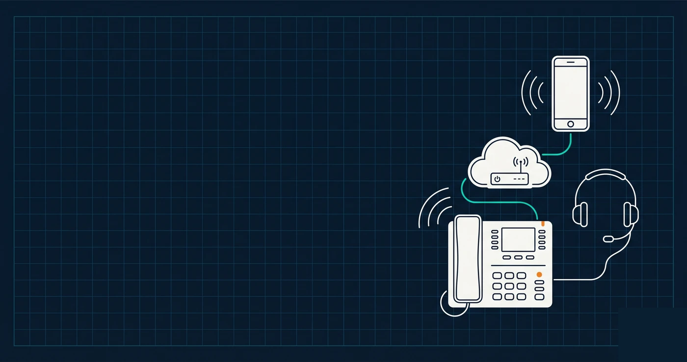 Line-art illustration of cloud VoIP connecting a desk phone, mobile, and headset