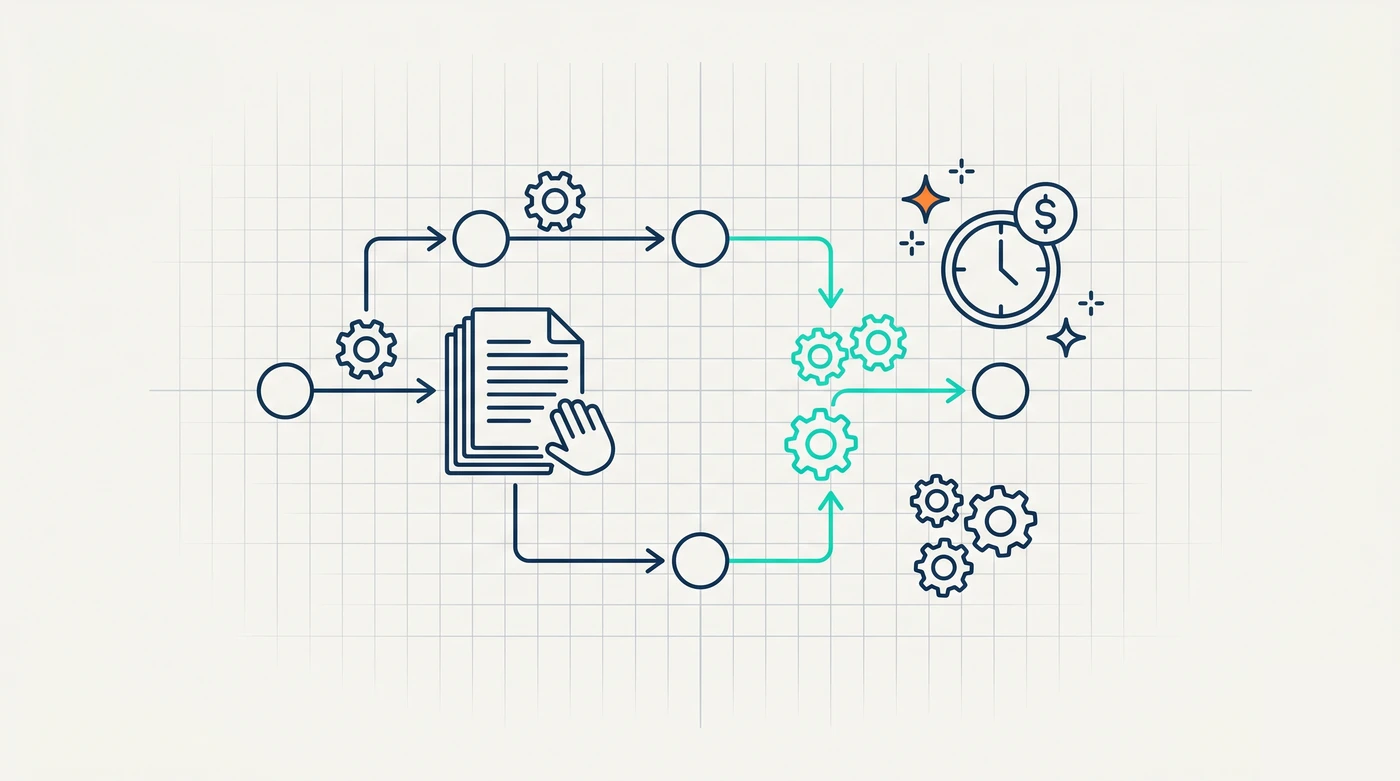 Line-art illustration of a manual task replaced by an automated workflow that saves time